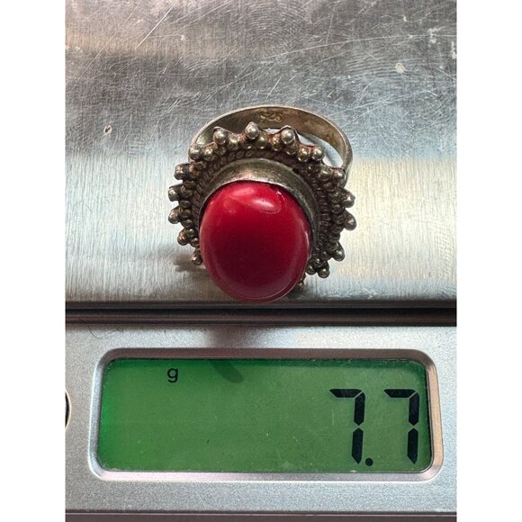 Vintage Estate Sterling Silver 925 Red Cabochon Ring Size 7.5 Beaded Frame - Picture 8 of 8